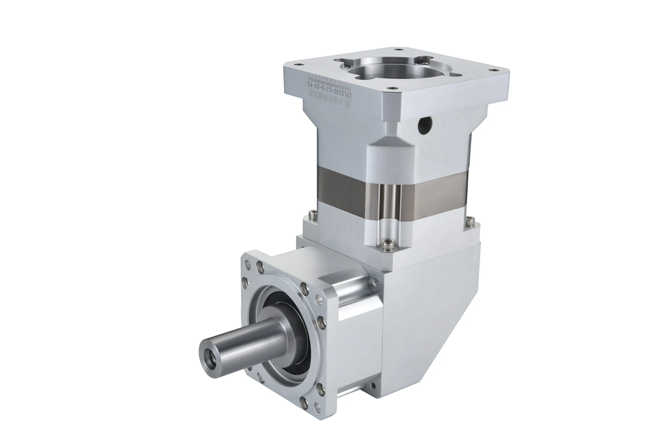 A silver and gray right-angle planetary gearbox with a horizontal output shaft and a vertical input flange, featuring a label with "ZPLX142-L2-5-S2-P2" and Chinese characters.