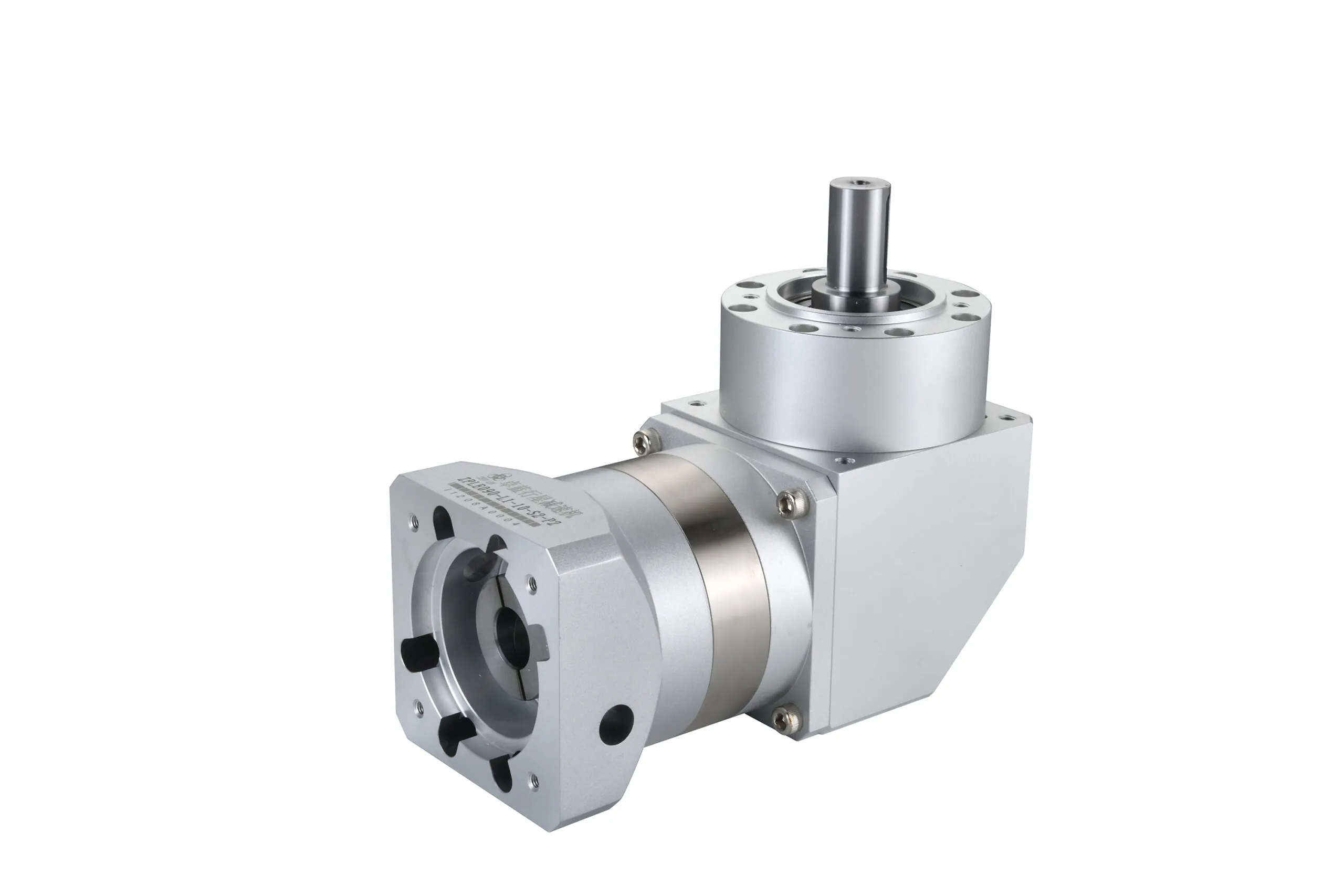 A silver and gray right-angle planetary gearbox with a vertical output shaft and a horizontal input flange, featuring a label with "ZPLB090-L1-10-S2-P2" and Chinese characters.