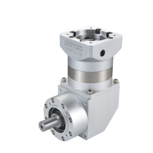 A silver and gray right-angle planetary gearbox with a horizontal output shaft and a vertical input flange, featuring a label with "ZPLE090-L1-10-S2-P2" and Chinese characters.