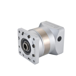 A silver right-angle planetary gearbox with a square flange, featuring a label with "PLX090-10-X-P2" and Chinese characters.