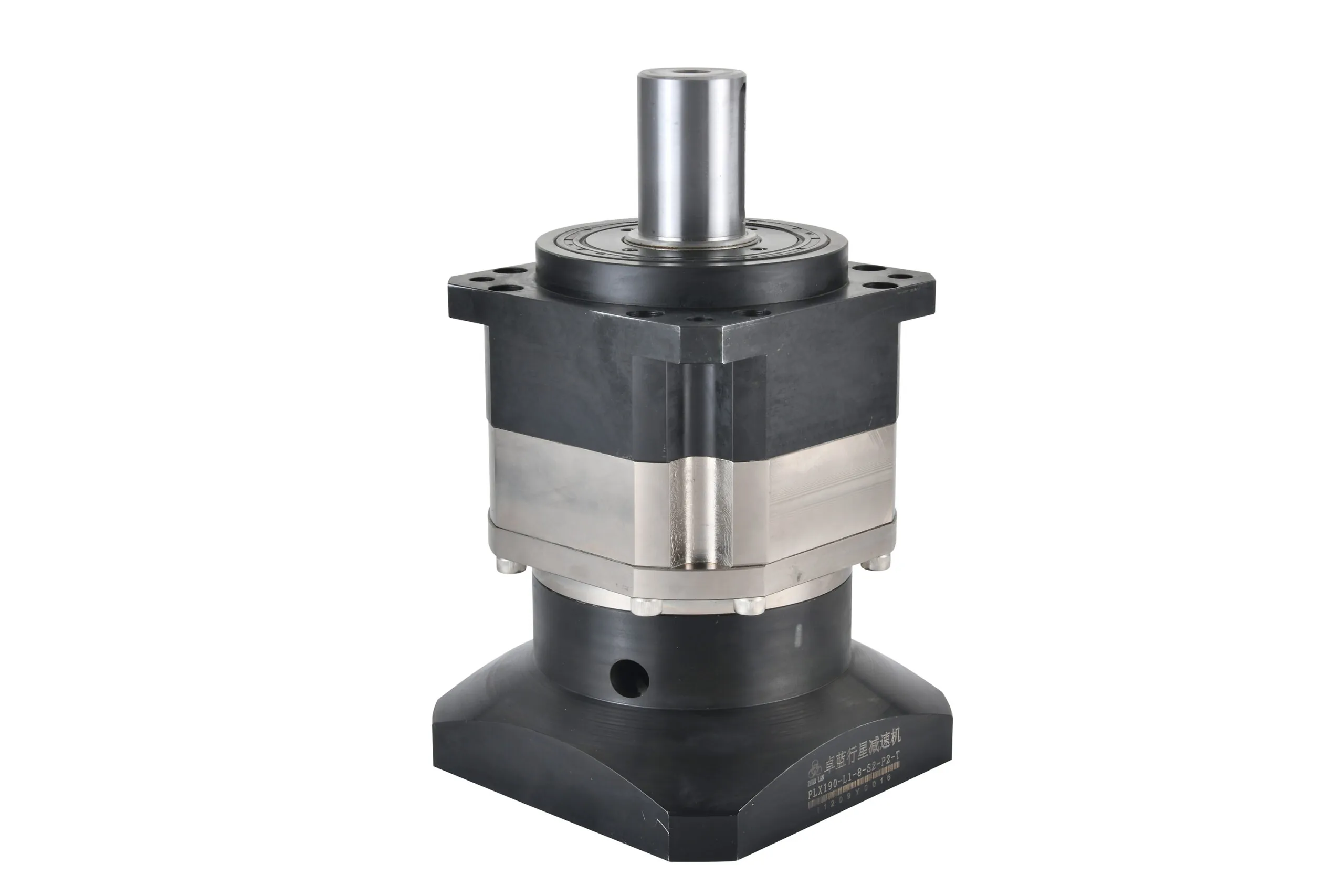 A black and silver planetary gearbox with a vertical output shaft, featuring a label with "ZHUO LAN", "PLX190-L1-8-S2-P2-T", and Chinese characters.
