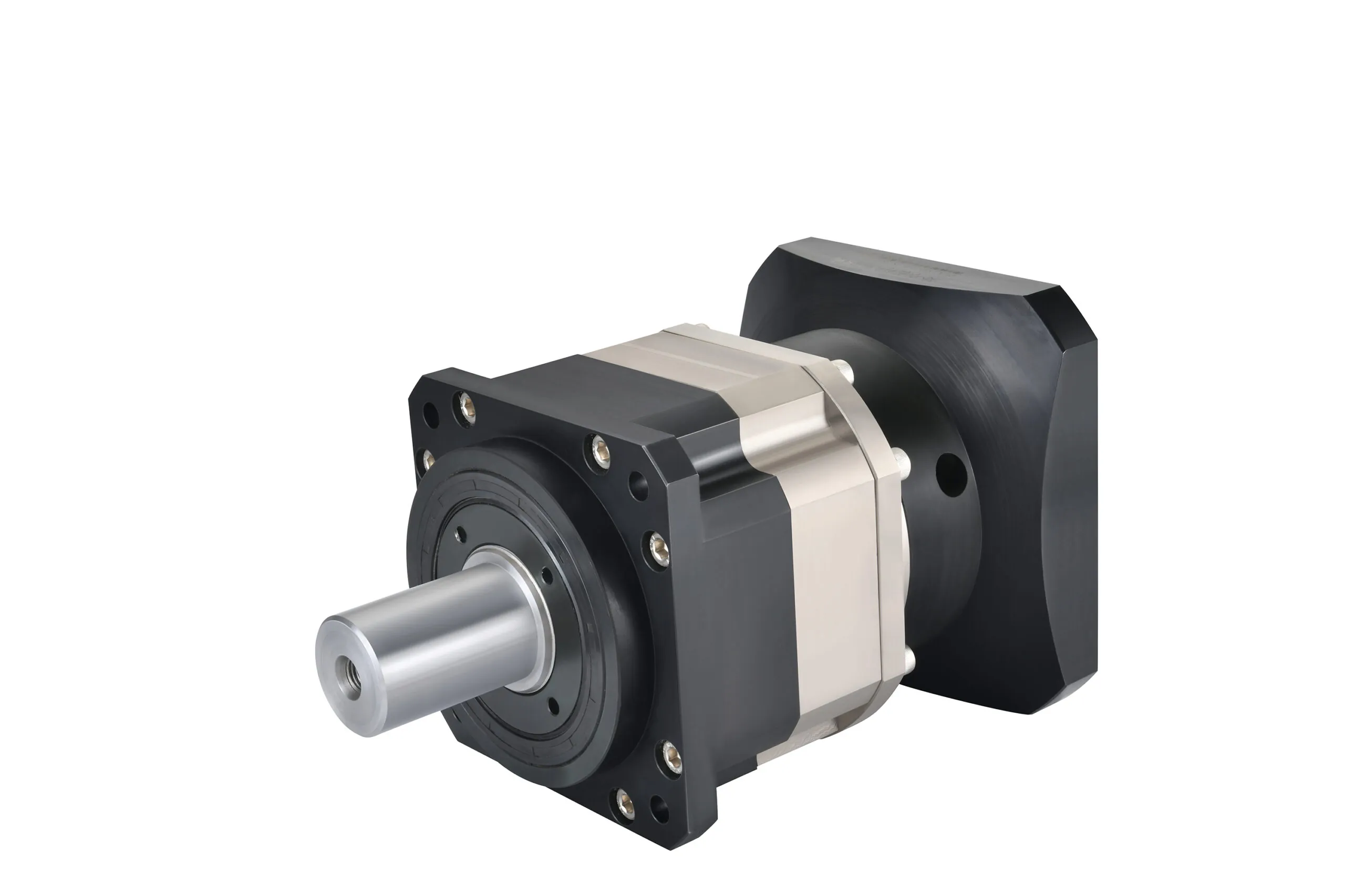 A black and silver planetary gearbox with a horizontal output shaft, featuring a label with "PLX142-L1-8-S2-P2" and Chinese characters.