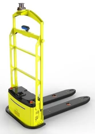 Laser SLAM Navigation Pallet Truck AGV (TL-SL-T800-001) with a yellow body and a tall mast.