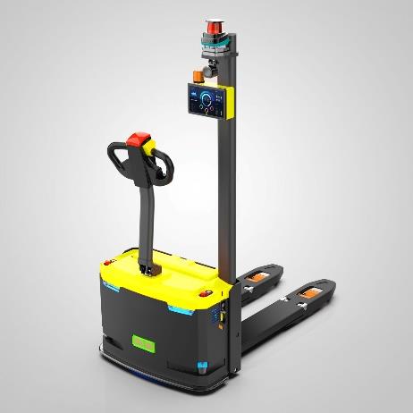 Laser SLAM Navigation Pallet Truck AGV (TL-SL-T1500-001) with a yellow base, black mast, and control handle.