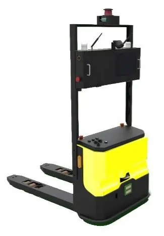 Laser SLAM Navigation Pallet Truck AGV (TL-SL-T1500-002) with a yellow base, black mast, and a screen.