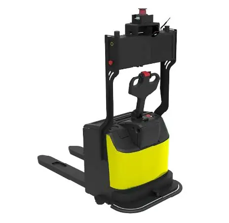 Laser SLAM Navigation Pallet Truck AGV (TL-SL-T2000-001) with a yellow base, black mast, and a control handle.