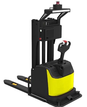 Laser SLAM Navigation Stacker Forklift AGV (TL-SL-L1600-001) with a yellow base, black mast, and control handle.