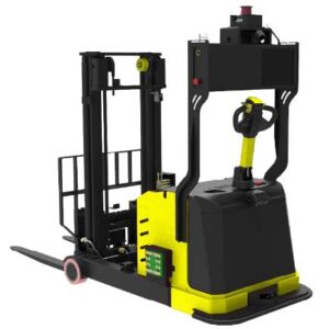 Laser SLAM Navigation Reach Stacker Forklift AGV (TL-SL-QL3000-001) with a yellow base, black mast, and forks.