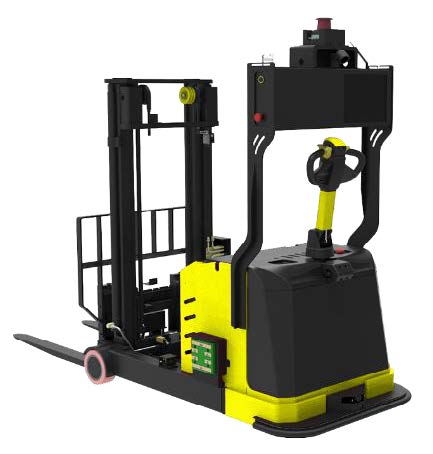 Laser SLAM Navigation Reach Stacker Forklift AGV (TL-SL-QL3000-001) with a yellow base, black mast, and forks.