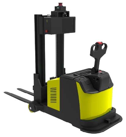 Laser SLAM Navigation Counterbalanced Stacker Forklift AGV (TL-SL-PL1200-001) with a yellow base, black mast, and forks.
