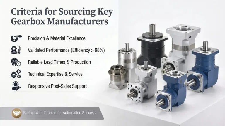 Industrial gearboxes and motor components displayed alongside a checklist for evaluating manufacturing partners.