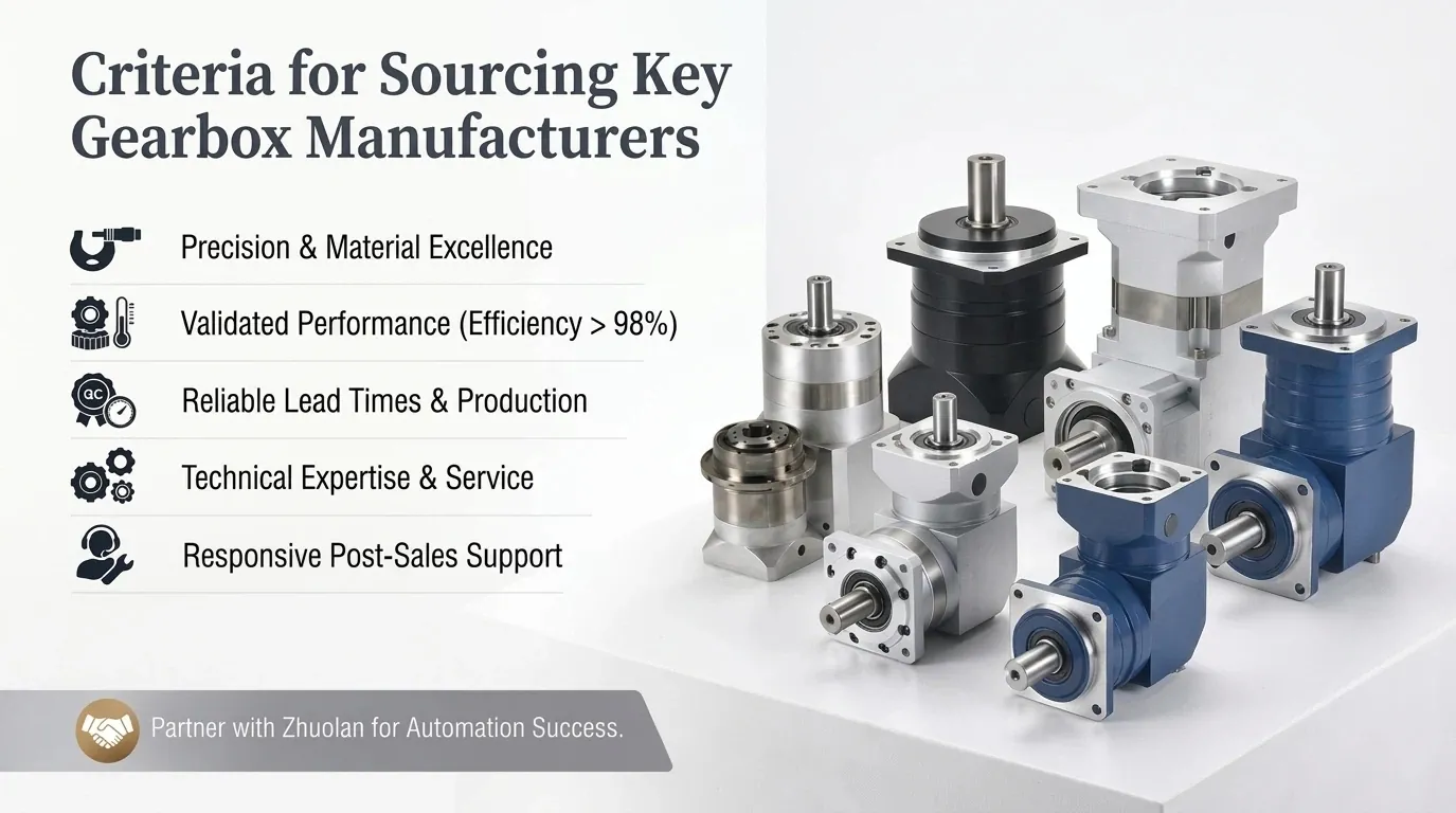 Industrial gearboxes and motor components displayed alongside a checklist for evaluating manufacturing partners.