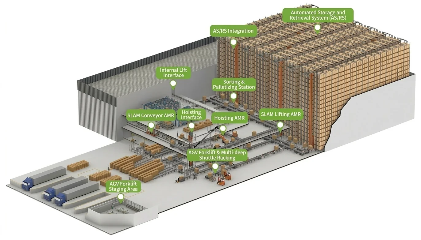 3D isometric diagram of a fully automated warehouse system featuring Automated Storage and Retrieval System (AS/RS), SLAM-guided AMRs, AGV forklifts, sorting/palletizing stations, and multi-level material handling infrastructure.