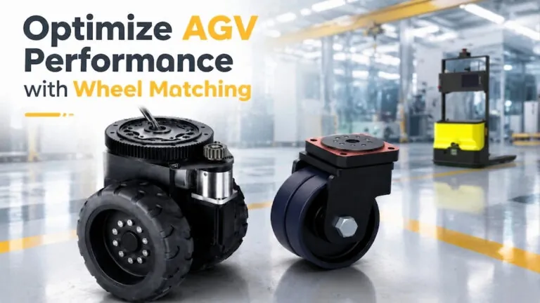 An AGV drive wheel assembly and a dual-wheel caster on a factory floor with a yellow AGV forklift robot in the background.