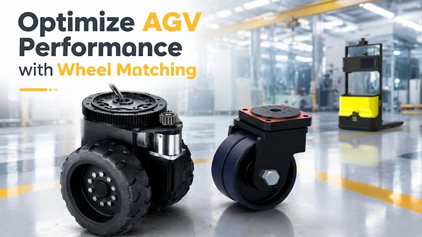 An AGV drive wheel assembly and a dual-wheel caster on a factory floor with a yellow AGV forklift robot in the background.