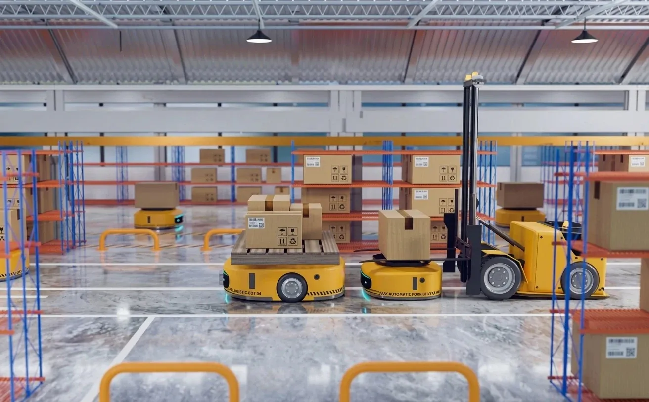 Yellow automated vehicles and a forklift transport cardboard boxes through a modern warehouse.