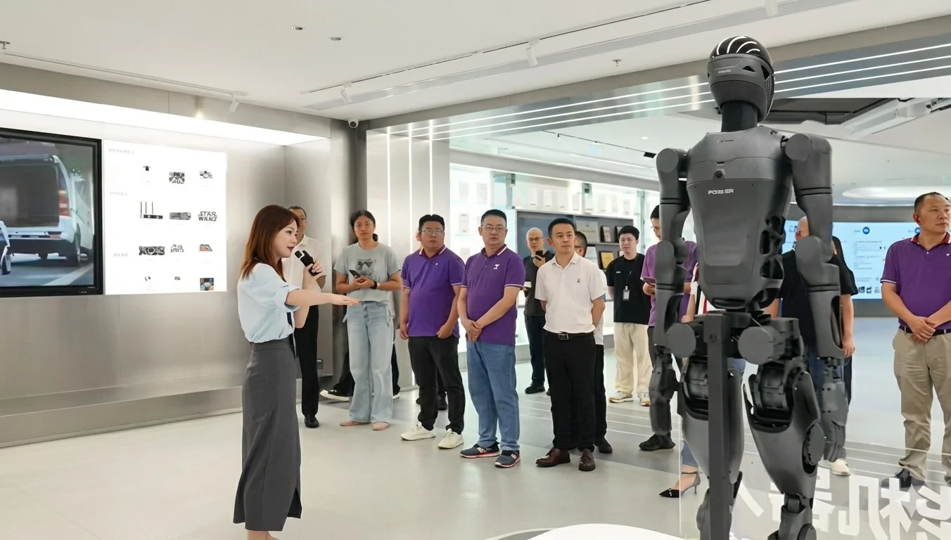 A woman with a microphone presents a sleek grey humanoid robot to a group of people in a modern showroom.