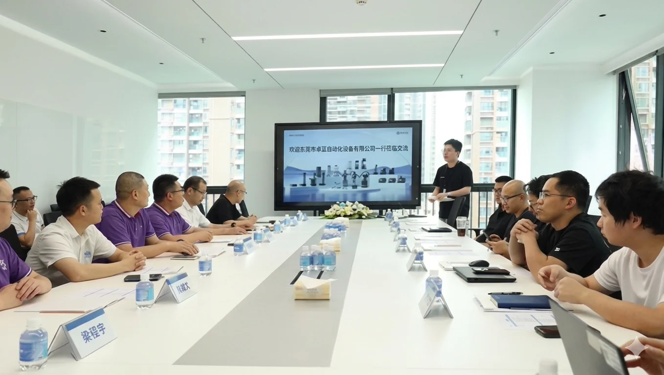 A group of people in a meeting room sitting around a long white table while a man presents in front of a large screen.