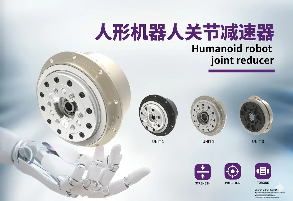 Một bàn tay robot đang cầm một bộ giảm tốc khớp nối bằng kim loại cỡ lớn, đi kèm với ba mẫu nhỏ hơn, các biểu tượng tính năng và tiêu đề song ngữ.