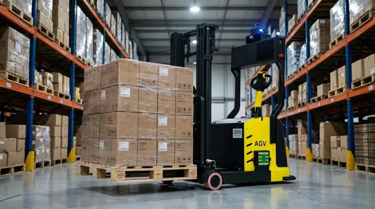 An automated guided vehicle (AGV) forklift transporting a pallet of stacked cardboard boxes in a warehouse aisle.