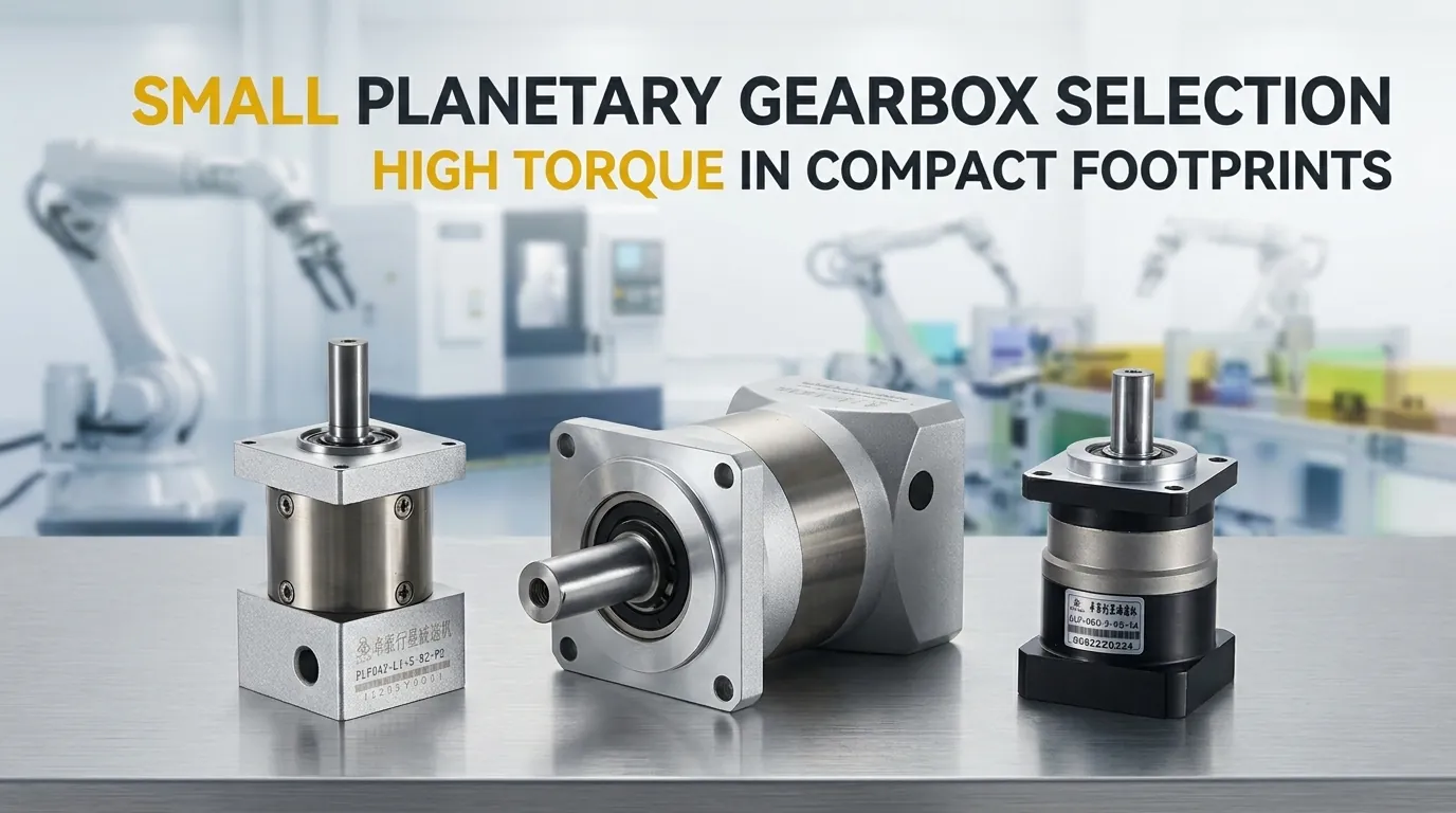 Three planetary gearboxes of various sizes and designs placed on a metal surface against an industrial background.