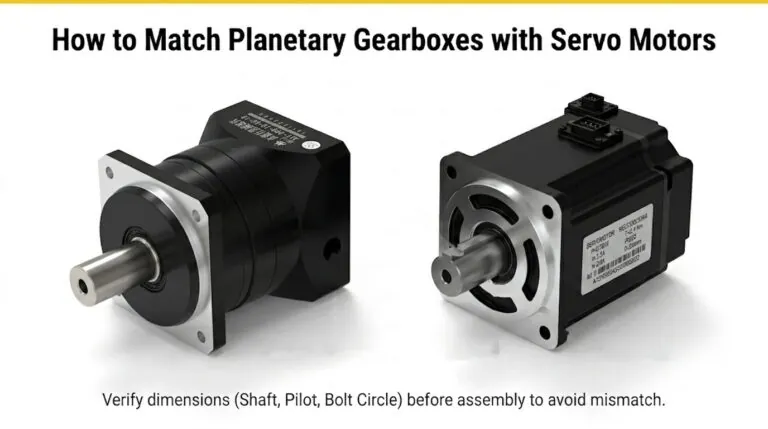 A black planetary gearbox with a silver shaft placed next to a black electric servo motor.