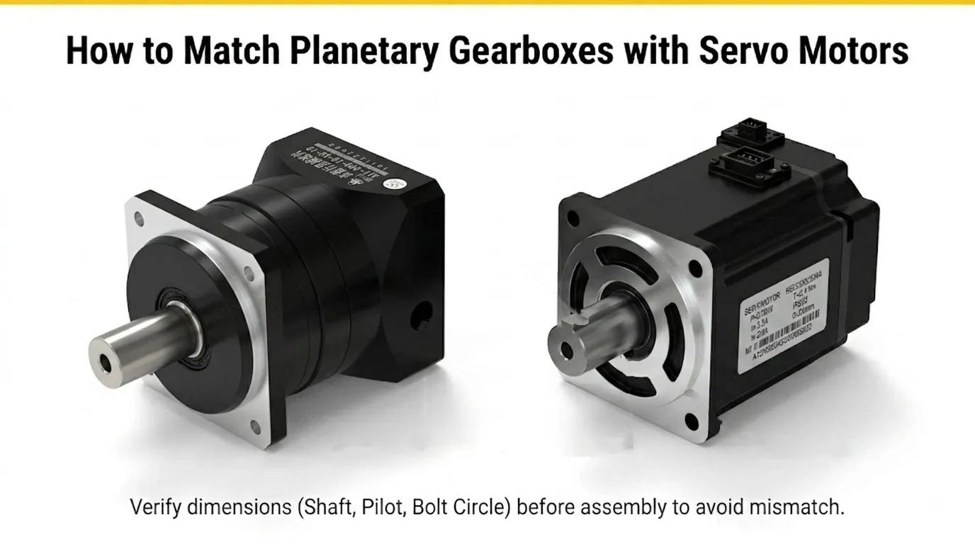 A black planetary gearbox with a silver shaft placed next to a black electric servo motor.