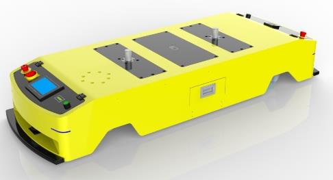 Dual-wheel Latent Traction AGV (TL-QF-350DL-001) with a yellow body, black top, and a small screen.