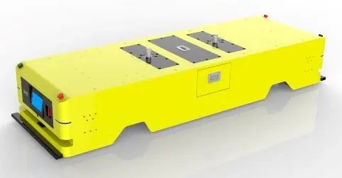 Dual-wheel Latent Traction AGV (TL-QF-350DL-001) with a yellow body, black top, and a small screen.
