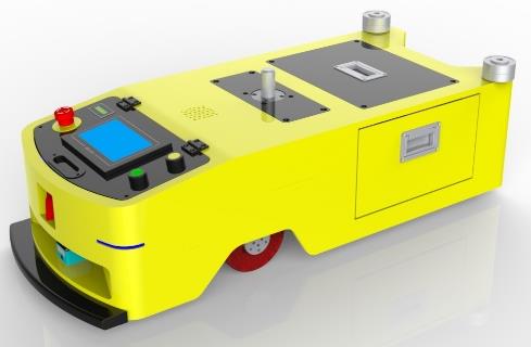 Unidirectional Latent Traction AGV (TL-QF-300DX-002) with a yellow body, black top, and a small screen.