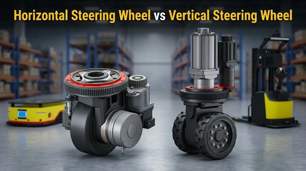 Two industrial AGV drive units comparing horizontal and vertical steering wheel configurations in a warehouse setting.