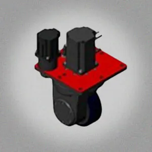 An industrial two-wheel differential steering wheel module with a red mounting plate, two black motors, and two black wheels, shown against a gray background.