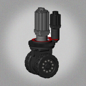 A 3D rendering of a robotic wheel assembly with two black wheels, a large gray motor, and a smaller black motor.