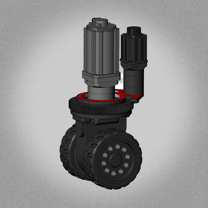 A 3D rendering of a robotic wheel assembly with two black wheels, a large gray motor, and a smaller black motor.
