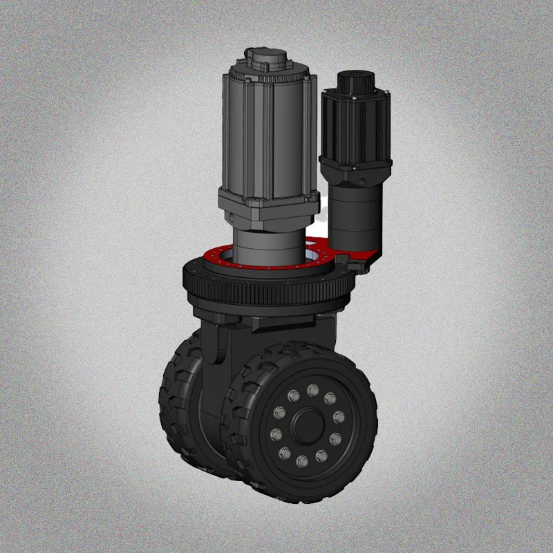A 3D rendering of a robotic wheel assembly with two black wheels, a large gray motor, and a smaller black motor.