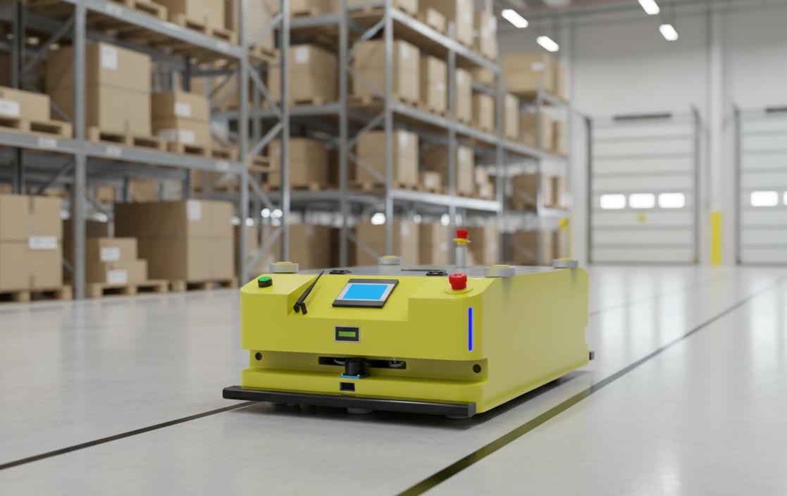 Close-up of a yellow Automated Guided Vehicle (AGV) with a blue screen and red emergency stop button, navigating a warehouse aisle marked by black floor lines.