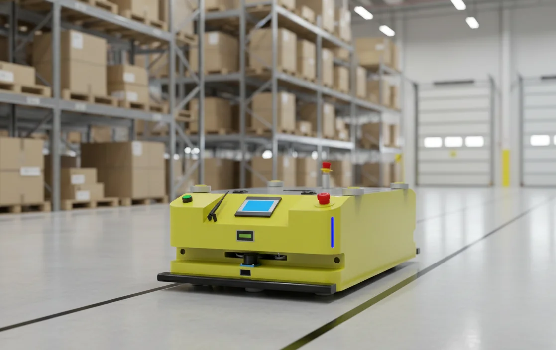 Close-up of a yellow Automated Guided Vehicle (AGV) with a blue screen and red emergency stop button, navigating a warehouse aisle marked by black floor lines.