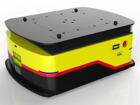 2D Code Navigation Lifting AGV (TL-JS-350EW-001) with a yellow body, black top, and a small screen.