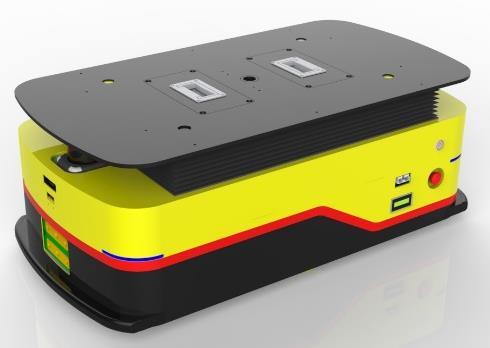 Laser SLAM Navigation Lifting AGV (TL-JS-360SL-001) with a yellow body, black top, and a small screen.