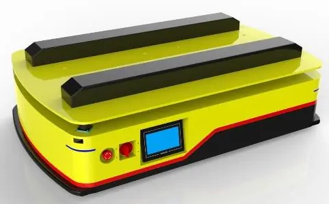 Laser SLAM Navigation Lifting AGV (TL-JS-360SL-002) with a yellow body, black top, and a small screen.