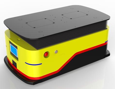 2D Code Navigation Lifting AGV (TL-JS-360EW-001) with a yellow body, black top, and a small screen.