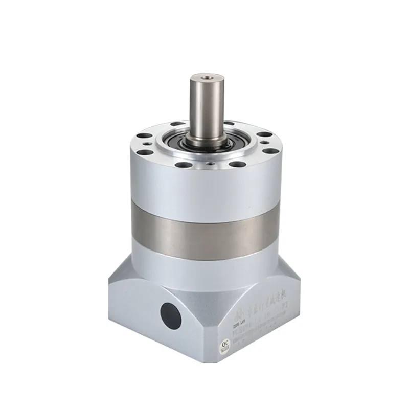 A silver inline planetary gearbox with a smooth output shaft and a circular mounting flange, labeled "PLB060-L1-10-S2-P2" in Chinese.