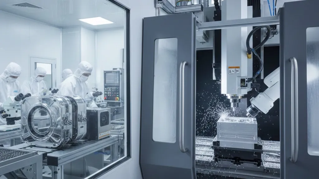A cleanroom with workers in white suits using microscopes visible through a glass partition next to a CNC machine operating.