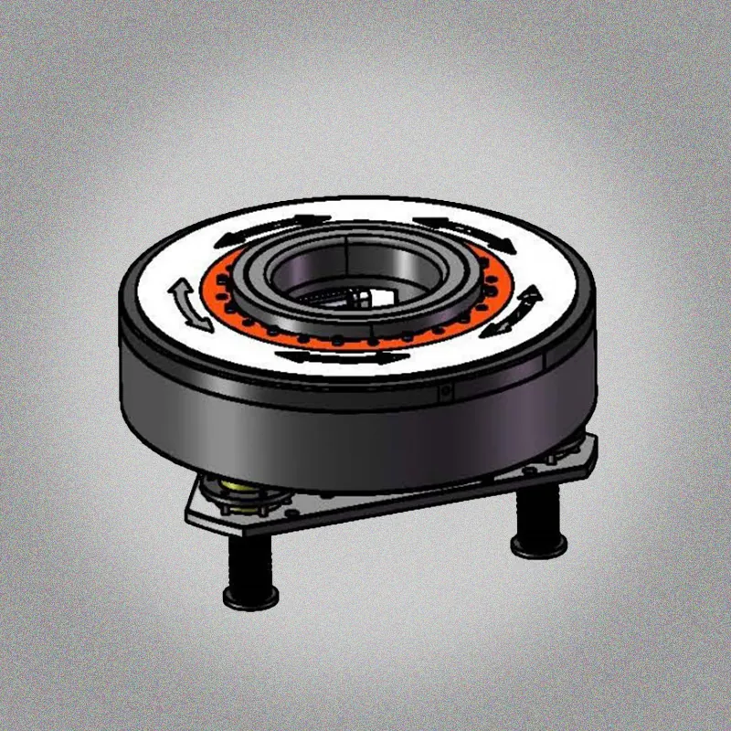Cylindrical mechanical rotary actuator with bidirectional arrows on top, mounted on a three-legged base plate.
