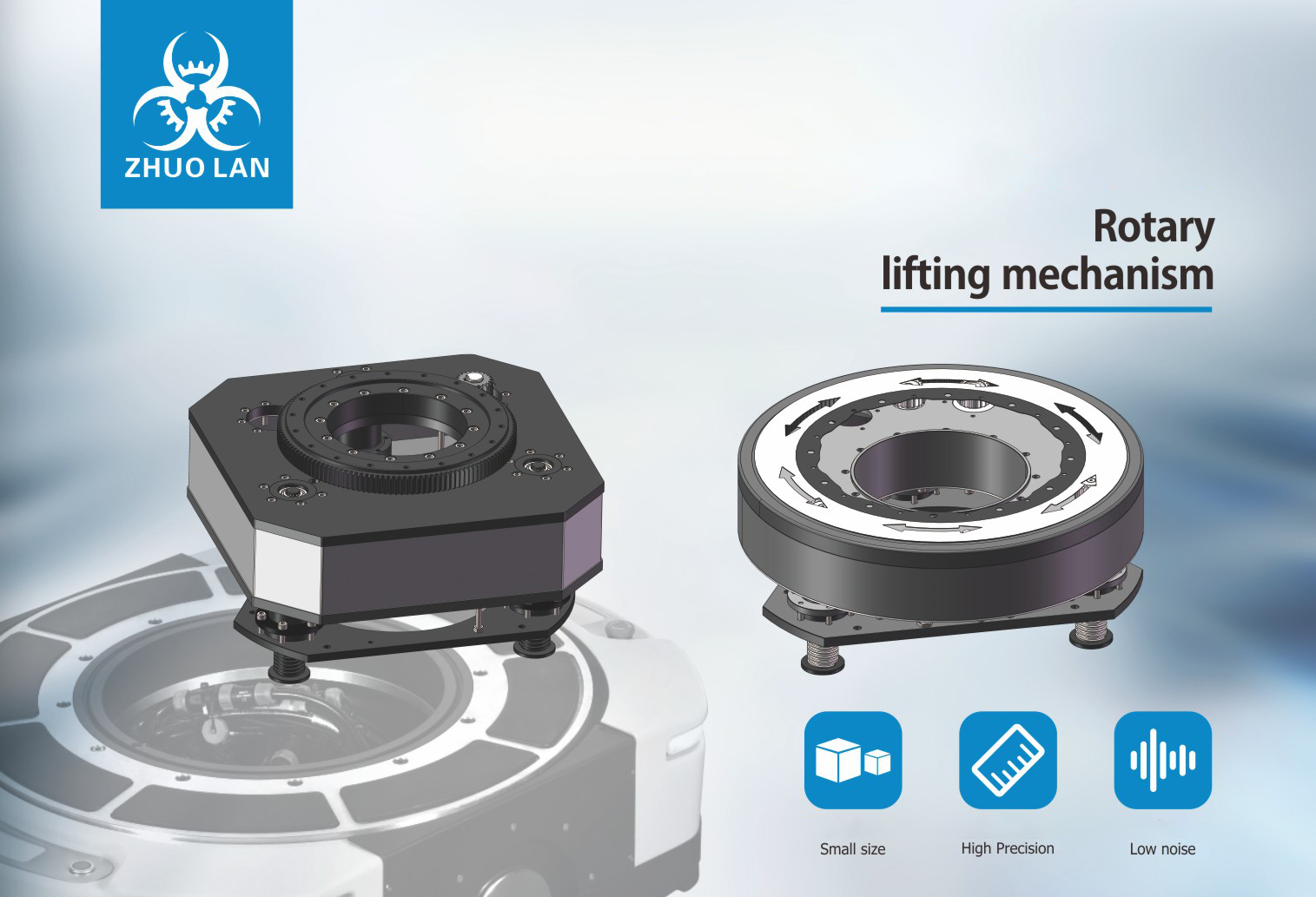 A "ZHUO LAN" logo with a biohazard symbol in blue, two rotary lifting mechanisms, and text "Rotary lifting mechanism," "Small size," "High Precision," and "Low noise."