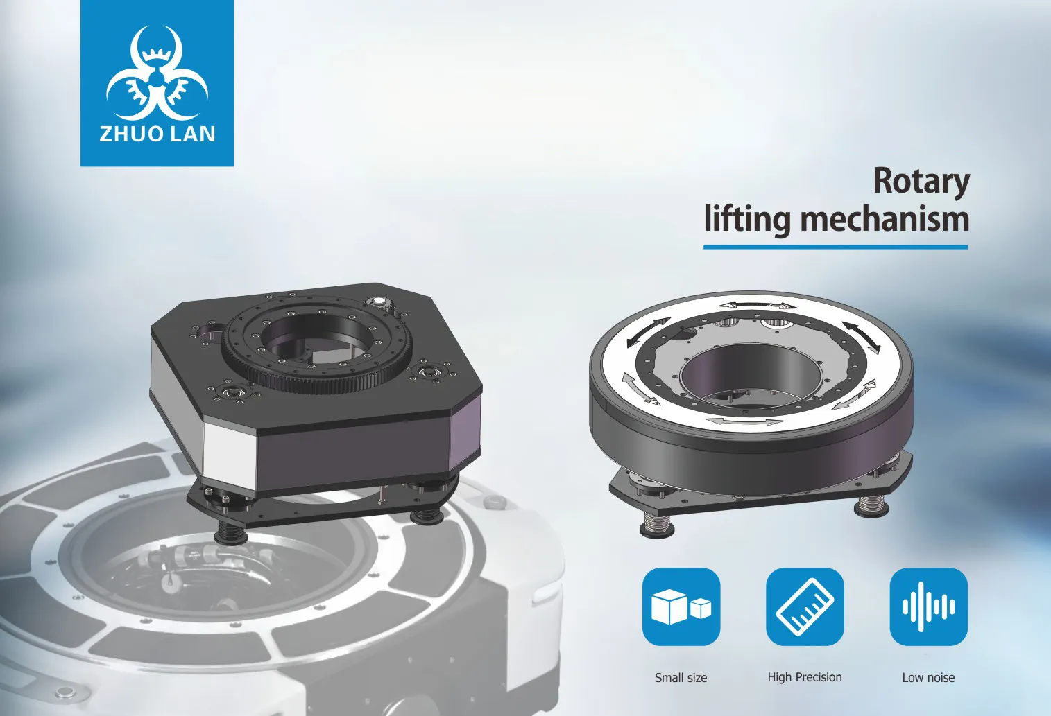 A "ZHUO LAN" logo with a biohazard symbol in blue, two rotary lifting mechanisms, and text "Rotary lifting mechanism," "Small size," "High Precision," and "Low noise."