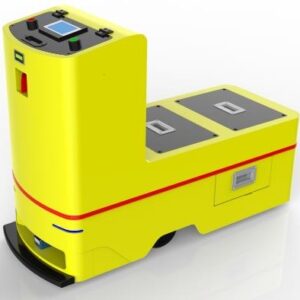 Unidirectional Towing AGV (TL-QY-800DX-001) with a yellow body, black base, and a small screen on top.