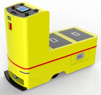 Unidirectional Towing AGV (TL-QY-800DX-001) with a yellow body, black base, and a small screen on top.