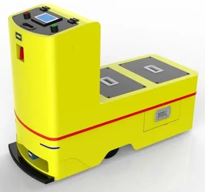 Unidirectional Towing AGV (TL-QY-800DX-001) with a yellow body, black base, and a small screen on top.
