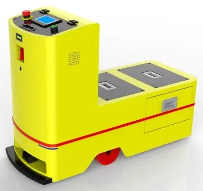 Unidirectional Towing AGV (TL-QY-800DX-001) with a yellow body, black base, and a small screen on top.